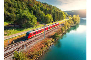 Aerial view of red modern high speed, a Nature Photo by den-belitsky