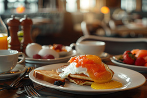 A hearty breakfast setup with eggs b, a Photo by LOGOCREATIVE