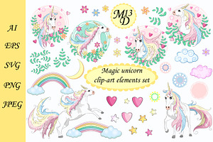 Magic Unicorn Clip-art Elements Set