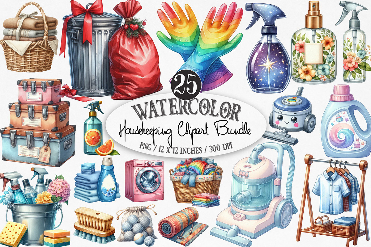 Watercolor Housekeeping Clipart, an Illustration by Designking (Photo 1 of 4)