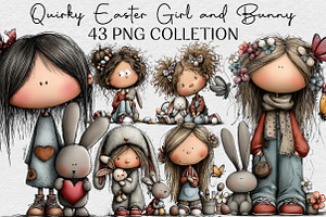 Quirky Easter Girl and Bunny Clipart, an Illustration by DreamCafeArt