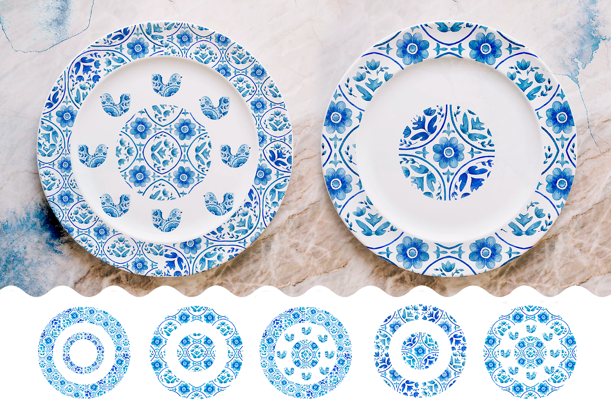 Watercolor blue tile patterns, a Decorative Illustration by Ojeny shop (Photo 2 of 8)