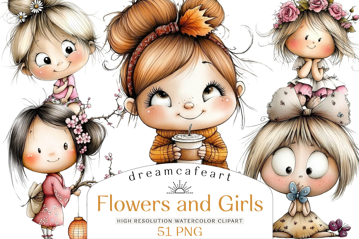 Flowers and Girls Clipart Bundle, an Illustration by DreamCafeArt (Photo 1 of 8)
