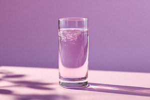 Refreshing sparkling purple drink on a vibrant pink surface in soft lighting, a Photo by AlyaAnd