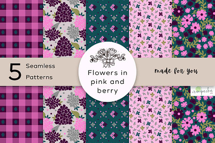 Flowers in pink+berry digital bundle