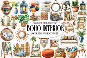 Watercolor Boho Interior Clipart, an Illustration by Designworld