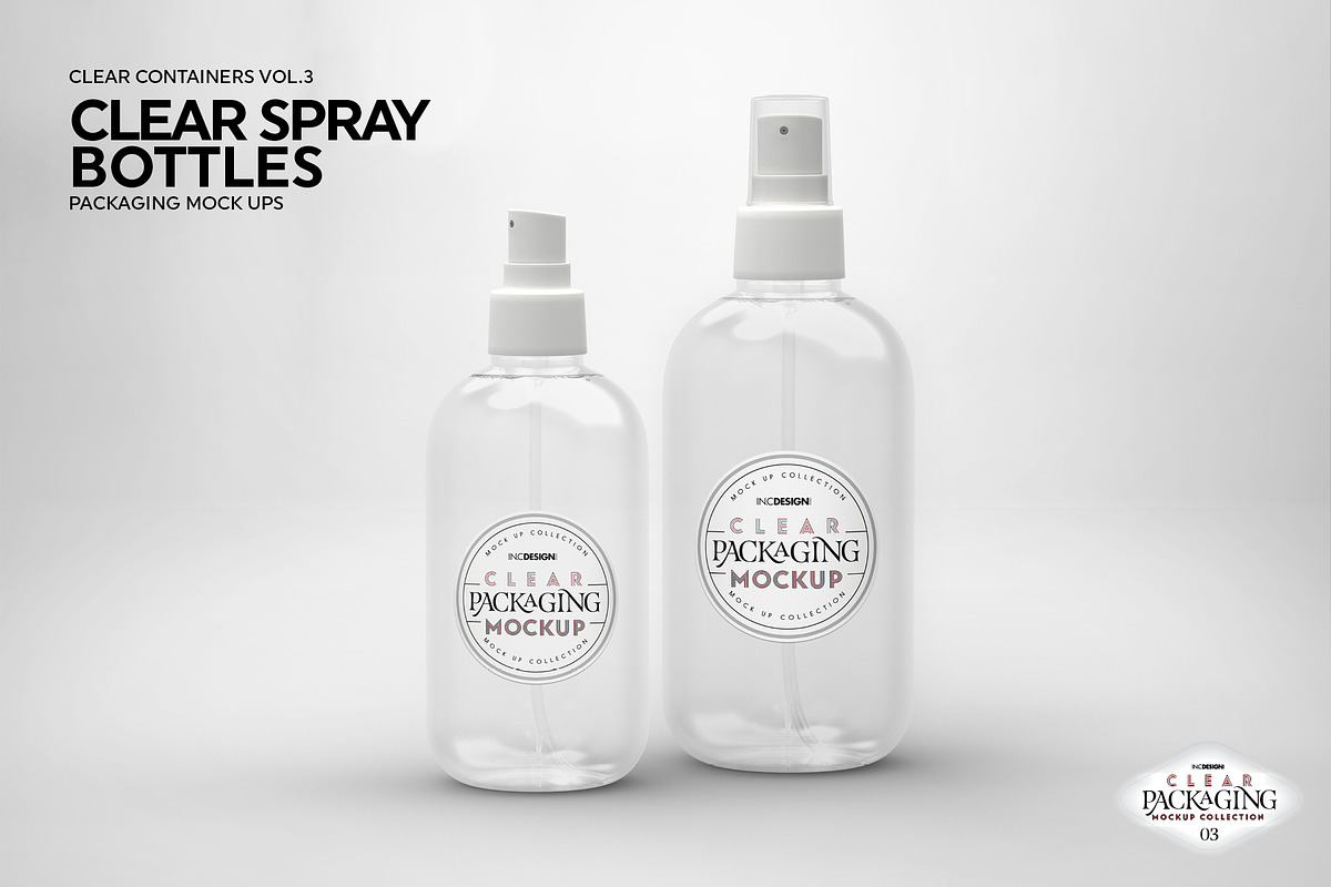 Clear Spray Bottles Packaging Mockup, a Cups & Container Mockup by INCDesign (Photo 6 of 9)