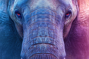 Close-up of an African elephant’s face in vivid blue and pink, an Animal Photo by Ales Munt