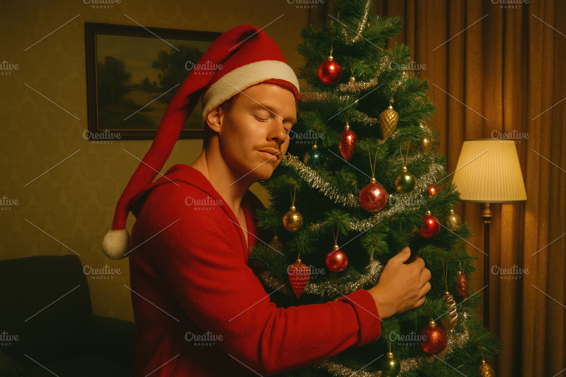 man hugging a christmas tree, generative AI, a Photo by Nito
