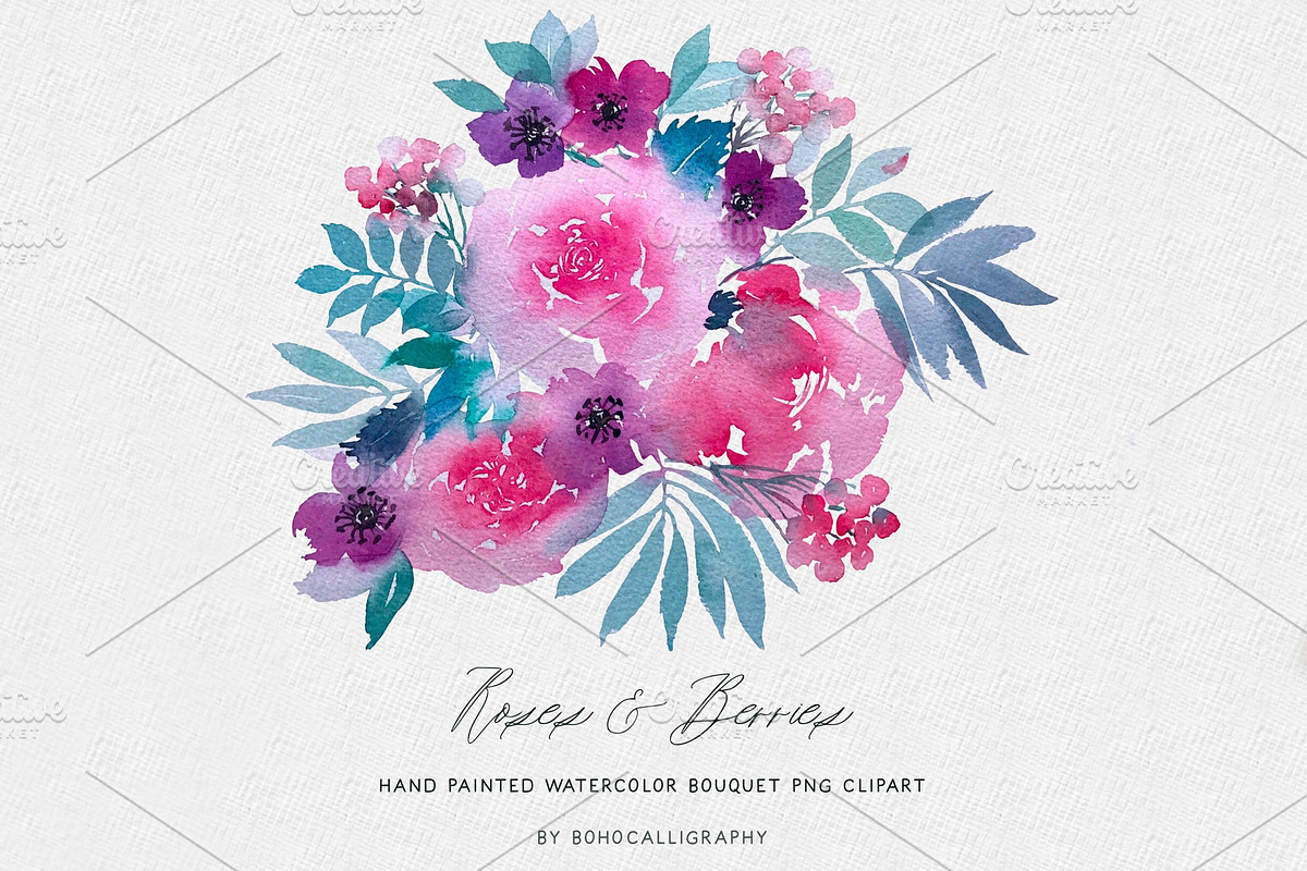 Watercolor Roses bouquet Clipart PNG, an Illustration by BohoCalligraphy (Photo 1 of 2)