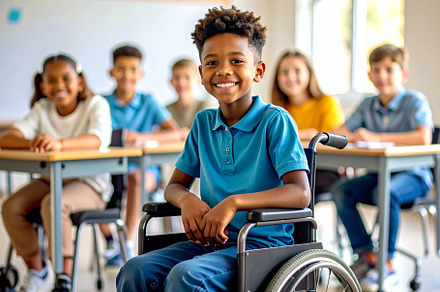 Boy at wheelchair smiling at classroom