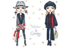 Vector Fashion Girls In Winter Clothes