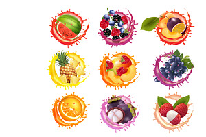 Set of fruits in juice splashes vect