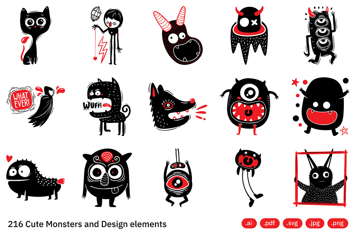 216 Cute Monsters & Design Elements, an Object Illustration by crafty (Photo 4 of 16)