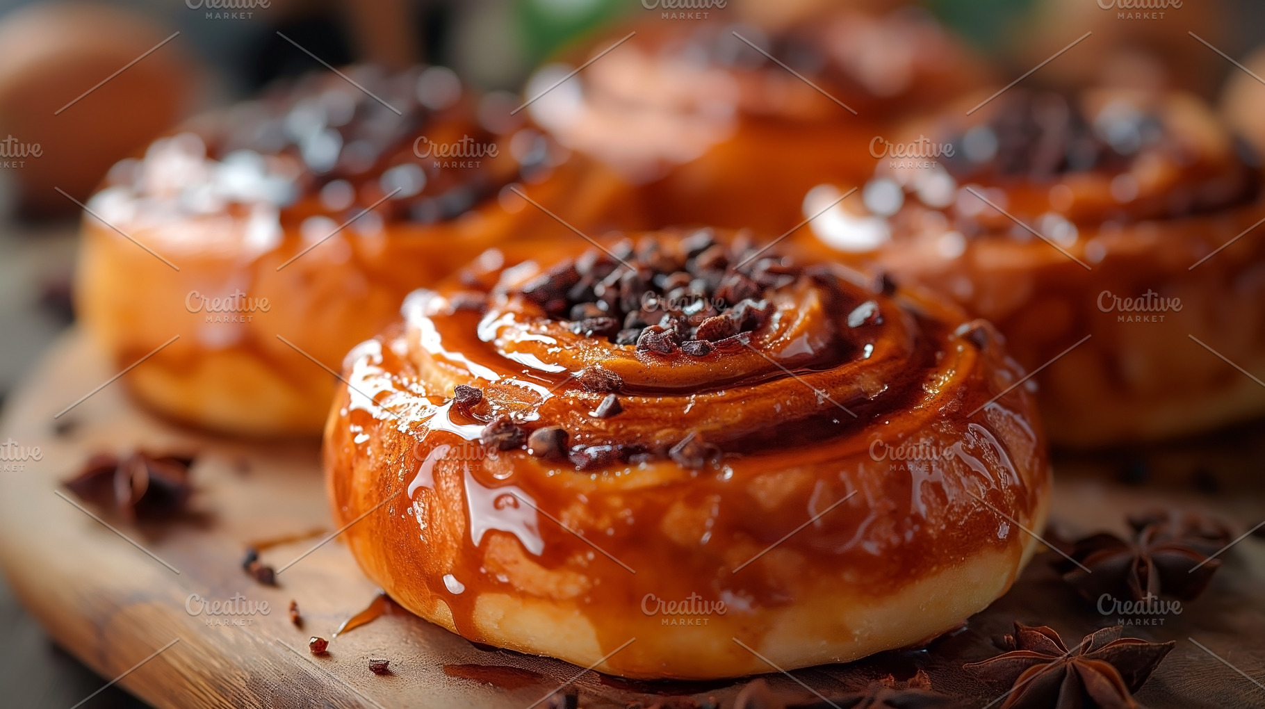 Delicious caramel swirl cinnamon rolls topped with chocolate spr, a Food & Drink Photo by ImageMir