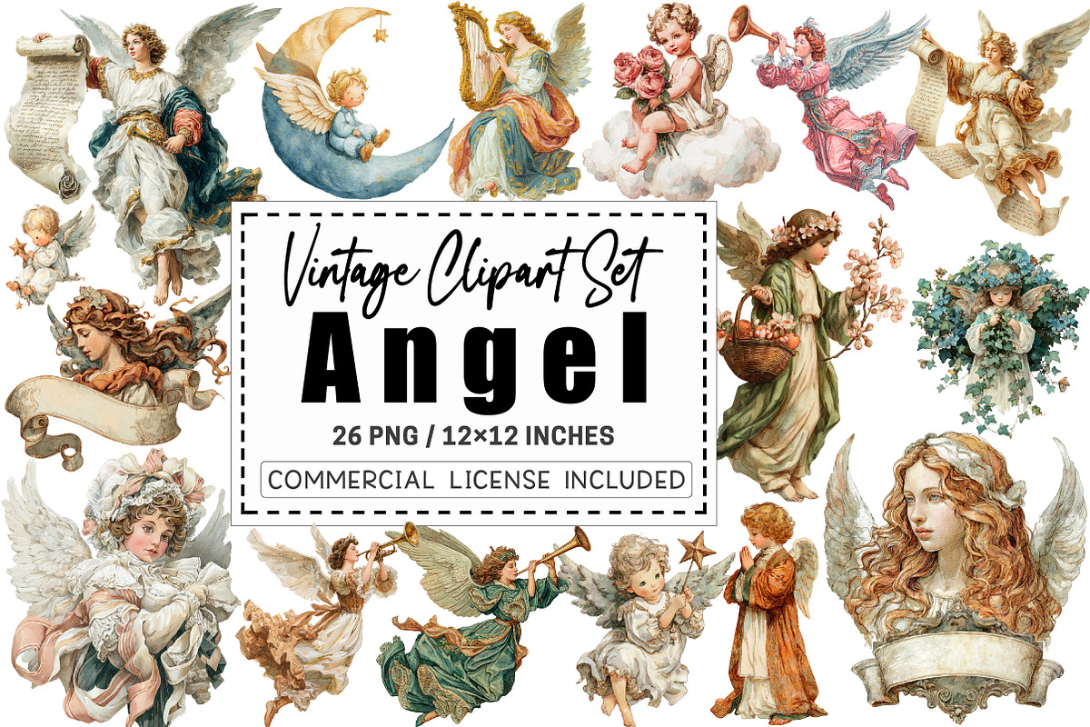 Vintage Angel Clipart Set PNG, a Graphic by CitraGraphics (Photo 1 of 4)