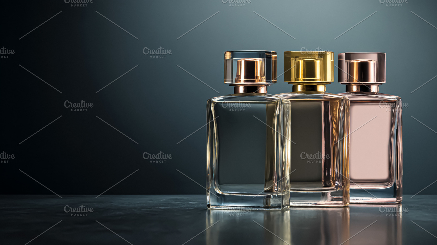 Luxury fragrance bottles displaying elegant clear, gold, and ros, a Photo by Studio ANNA