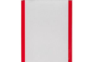 Open white cardboard box with red stripes on the sides, isolated