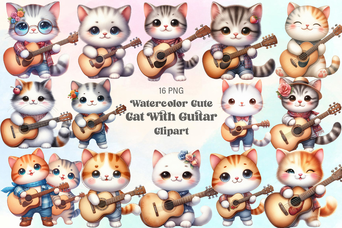 Watercolor Cat With Guitar Clipart, an Illustration by CraftArtStudio (Photo 1 of 3)