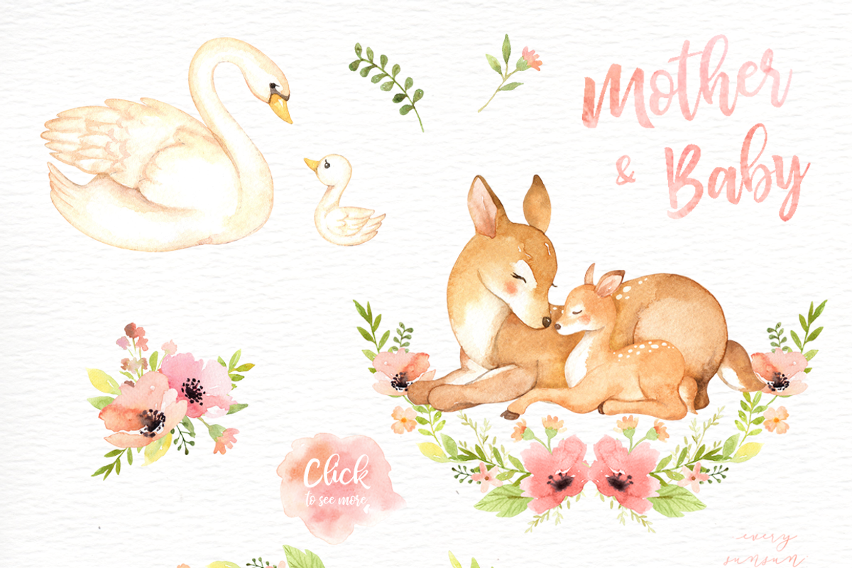 Mother & Baby Watercolor Clipart, an Animal Illustration by everysunsun (Photo 2 of 4)