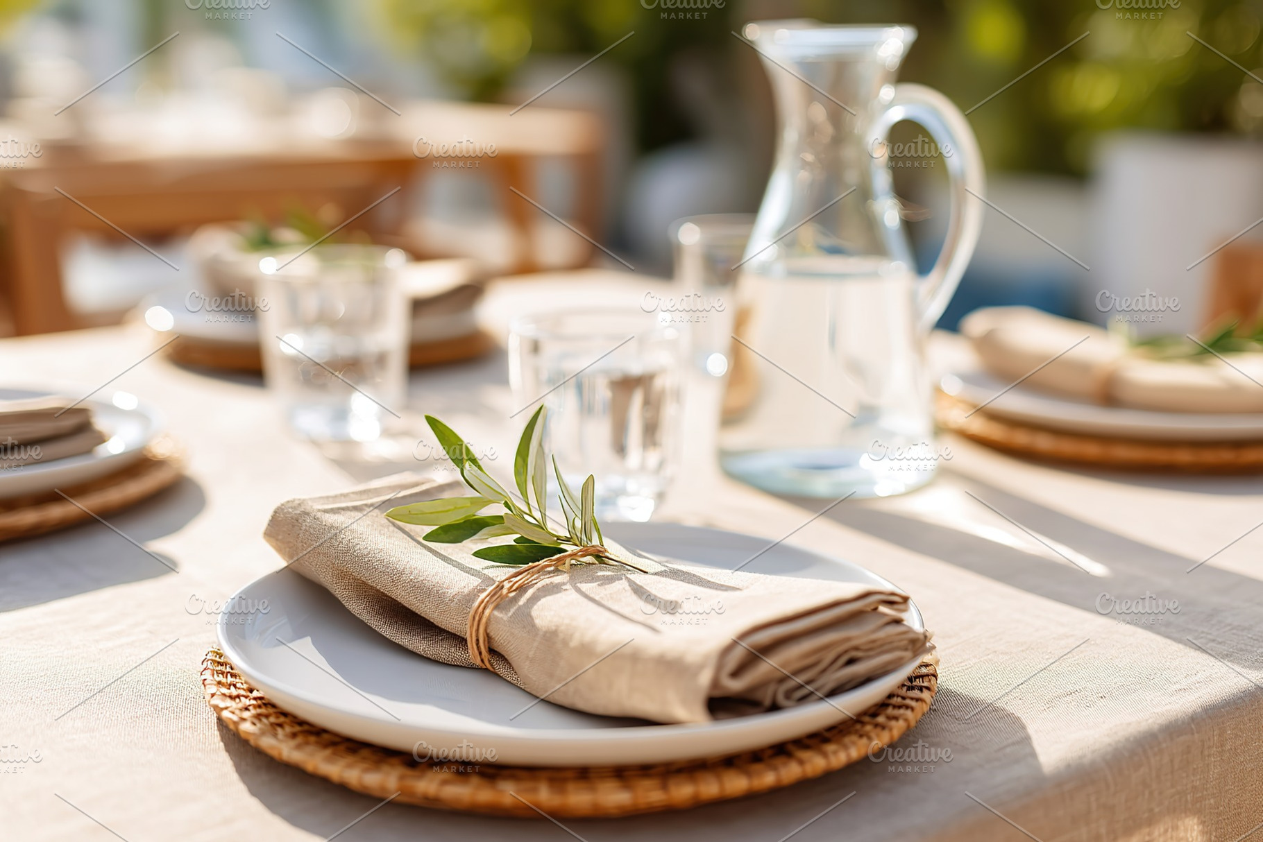 Summer dinner table setup with linen, plates, and fresh touches for outdoor din, a Food & Drink Photo by AlyaAnd
