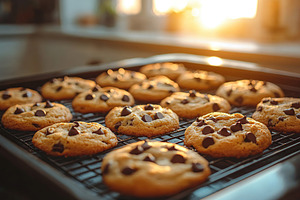 Freshly baked brown chocolate chip cookies cooling on a rack in warm sunlight, a Food & Drink Photo by AlyaAnd