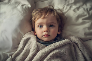 Sad little toddler is lying in bed at home or hospital, looking at camera