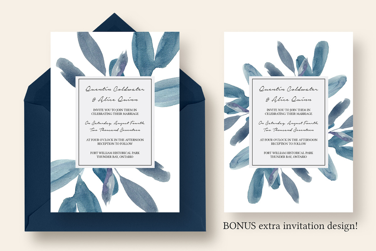Blue Watercolor Leaves Wedding Suite, an Invitation Template by Knotted Design (Photo 2 of 4)