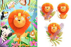 Lion In Jungle With Animals Set