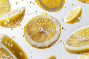 Ripe lemon slices flying in the air on white background, a Food & Drink Photo by AlyaAnd
