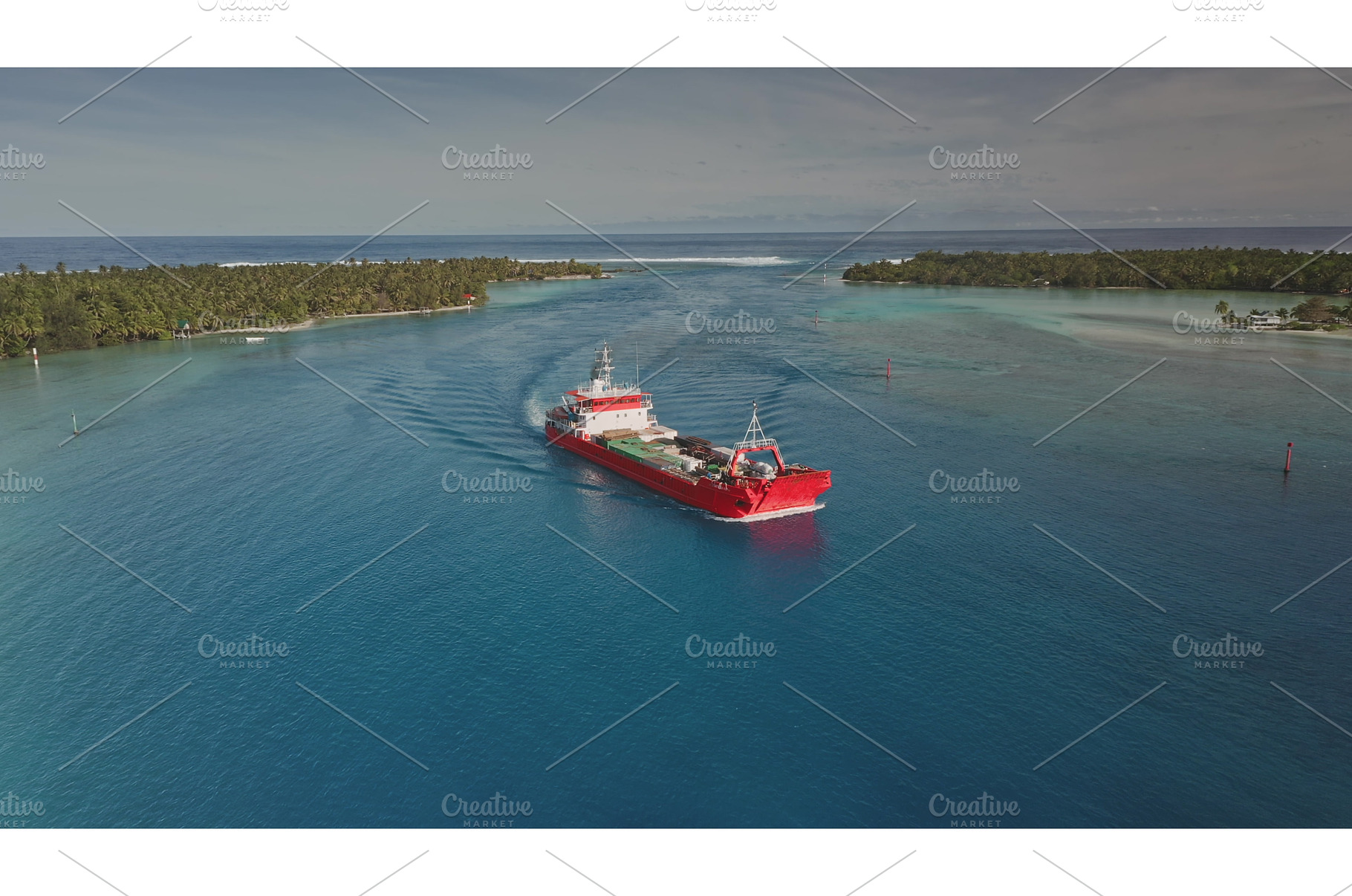 Red cargo ship navigating a narrow, a Transportation Photo by Goinyk