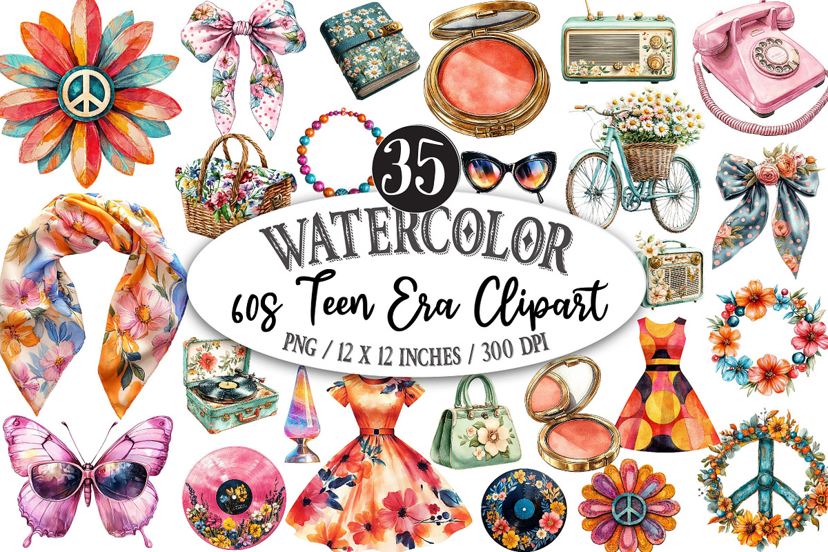 Watercolor 60s Teen Era Clipart, a Seasonal Illustration by Designking (Photo 1 of 5)
