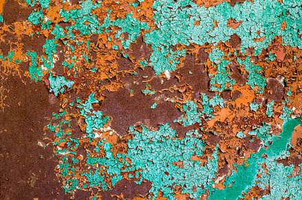 Old green paint on the metal and drips of rust. grunge vintage texture for background, an Abstract Photo by dashtik
