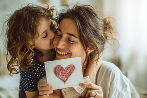 Child kisses mom holding heart card, a Photo by Pixeness Studio