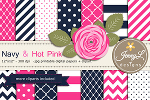 Navy & Hot Pink Digital Paper, a Pattern Graphic by JennyL Designs
