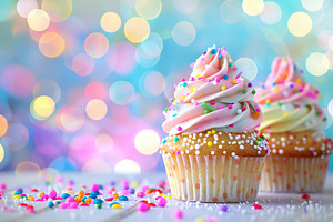 Tasty cupcakes with butter cream and sprinkles on blurred lights background, a Food & Drink Photo by AlyaAnd