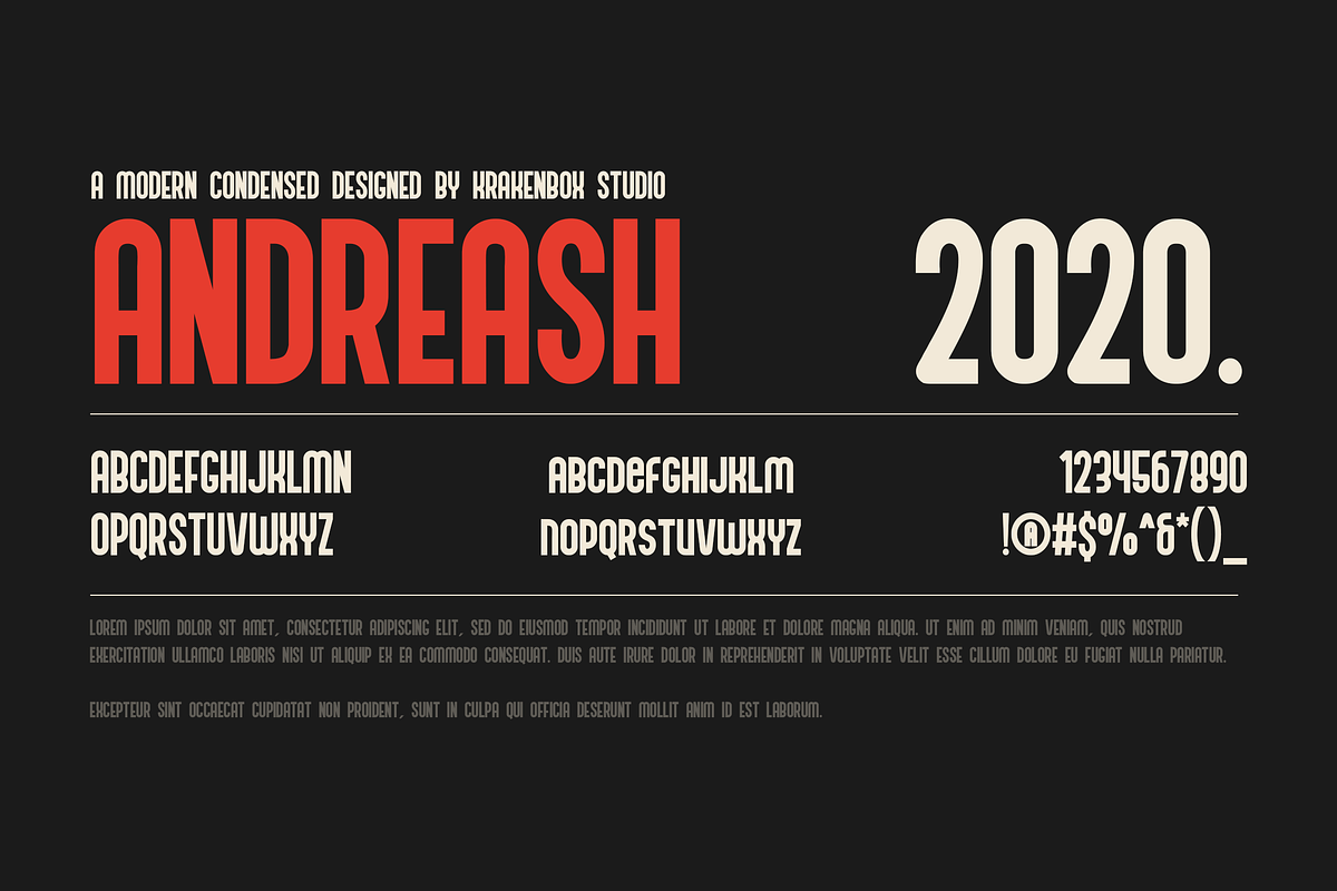 Andreash - Modern Condensed Typeface, a Sans Serif Font by Krakenbox Studio (Photo 3 of 8)