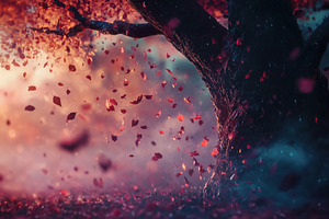 A majestic tree with vibrant autumn leaves swirling in the air, creating a magi, a Photo by Textures & Backgrounds