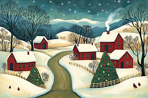 Christmas Folk Houses in Snow Art, a Decorative Illustration by Art Paradise Studios