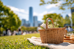 City park picnic basket on blanket, a Nature Photo by AlyaAnd