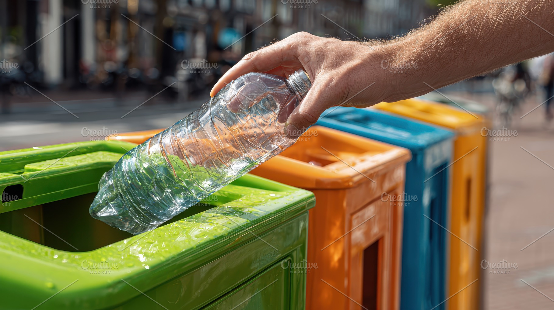 Man recycling plastic bottle in gree, a Photo by Pixeness Studio