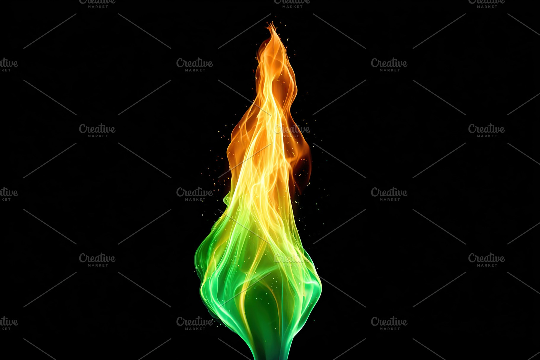 Artistic representation of vibrant flame with orange, green, and yellow colors, an Arts & Entertainment Photo by AlyaAnd