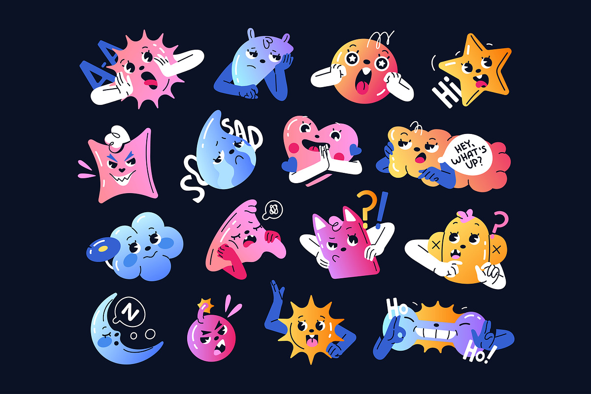 Funny characters with emotions set, a Decorative Illustration by PaperTrident (Photo 2 of 6)