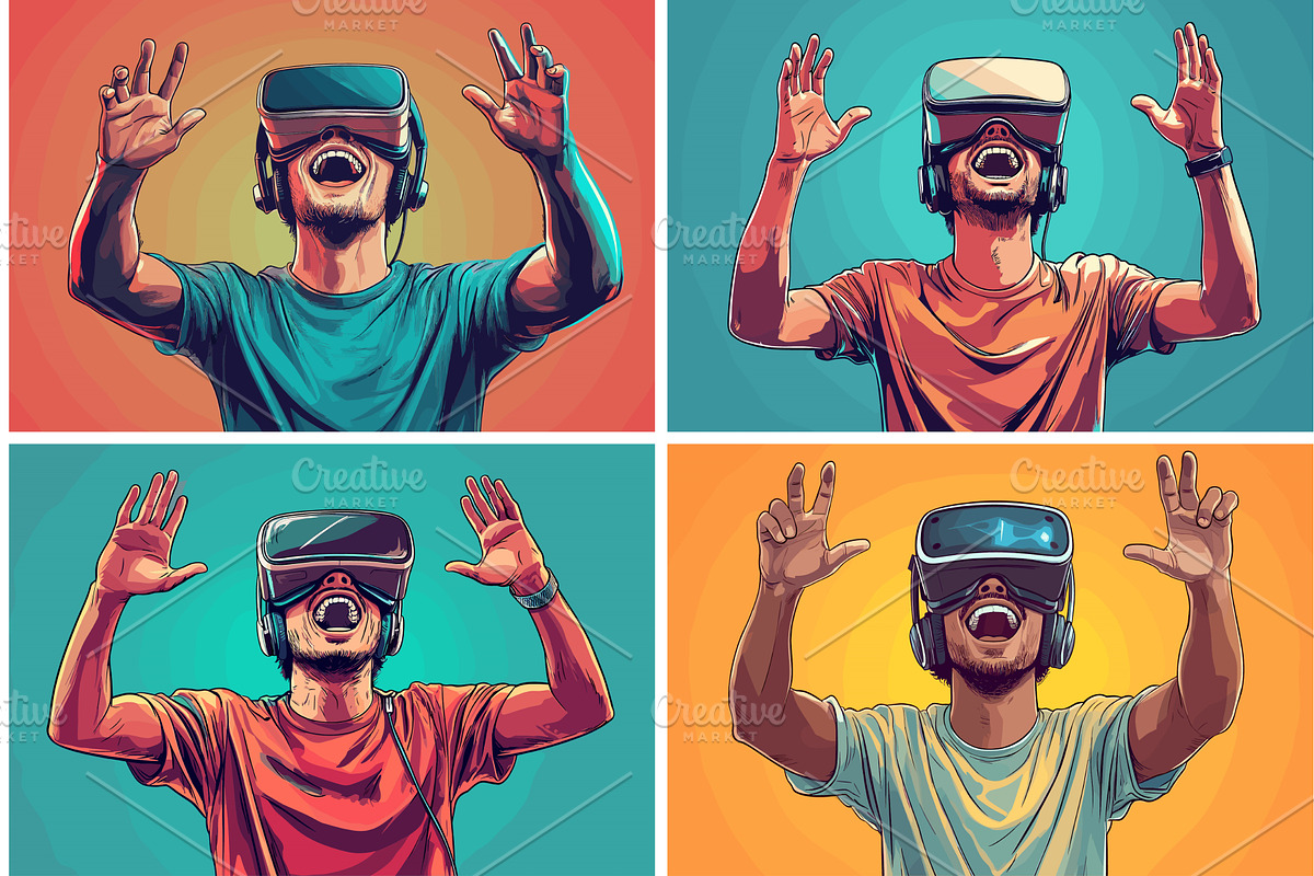 Man raising hands vr headset virtual, a Technology Illustration by Onyx