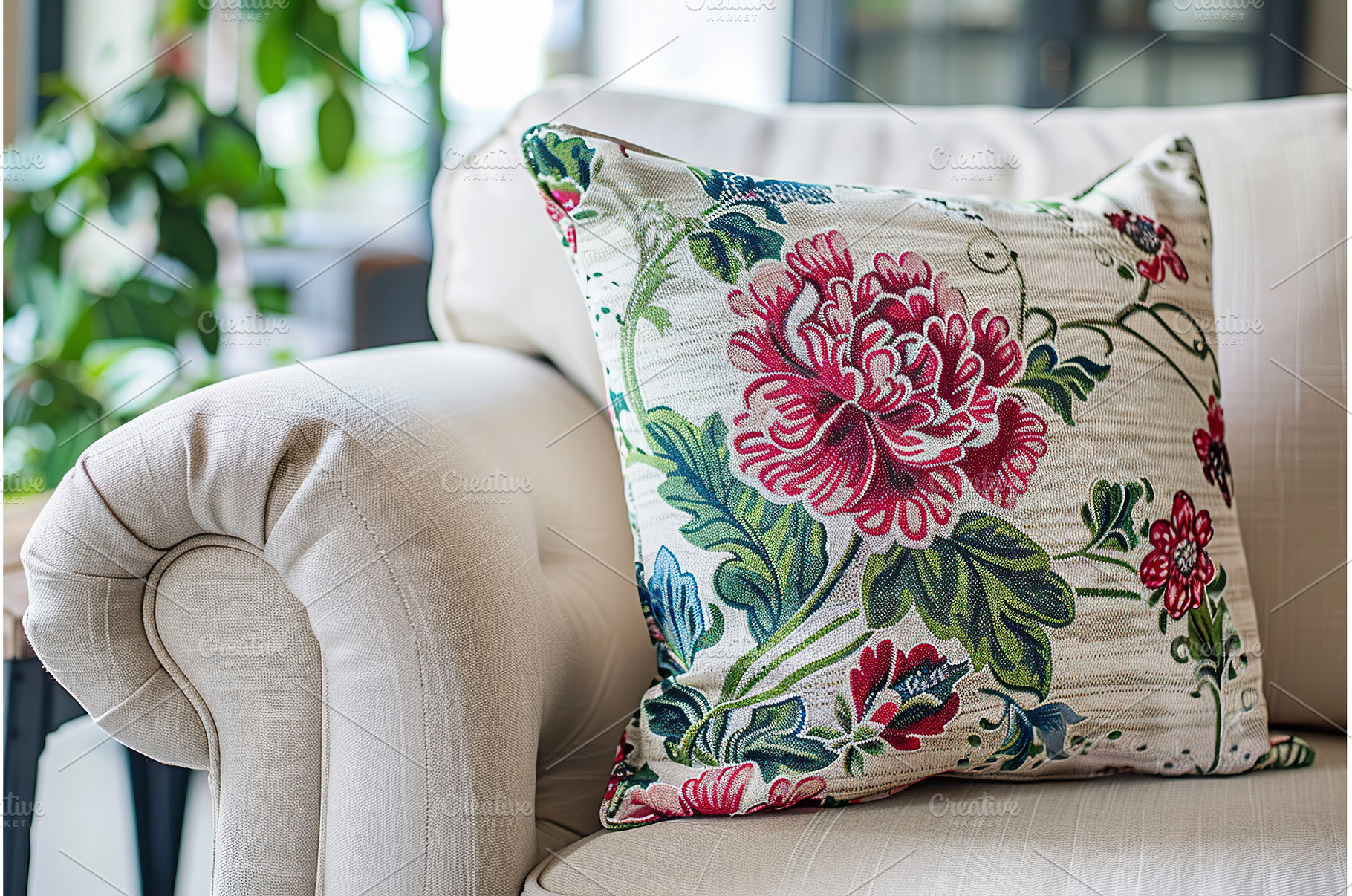 Floral cushion on rolled arm sofa in, an Arts & Entertainment Photo by Lermont51
