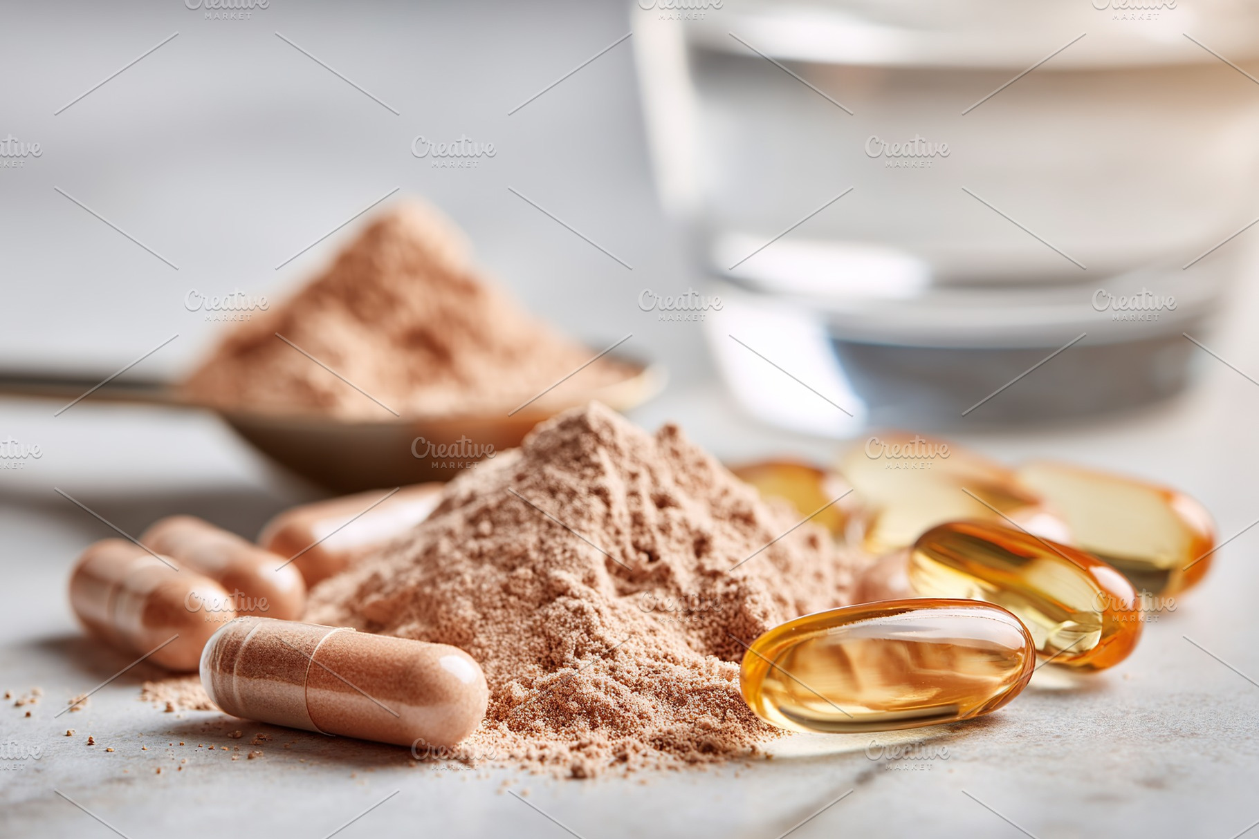 Nutritional supplements and powder displayed on a countertop with water in the, a Health & Medical Photo by AlyaAnd