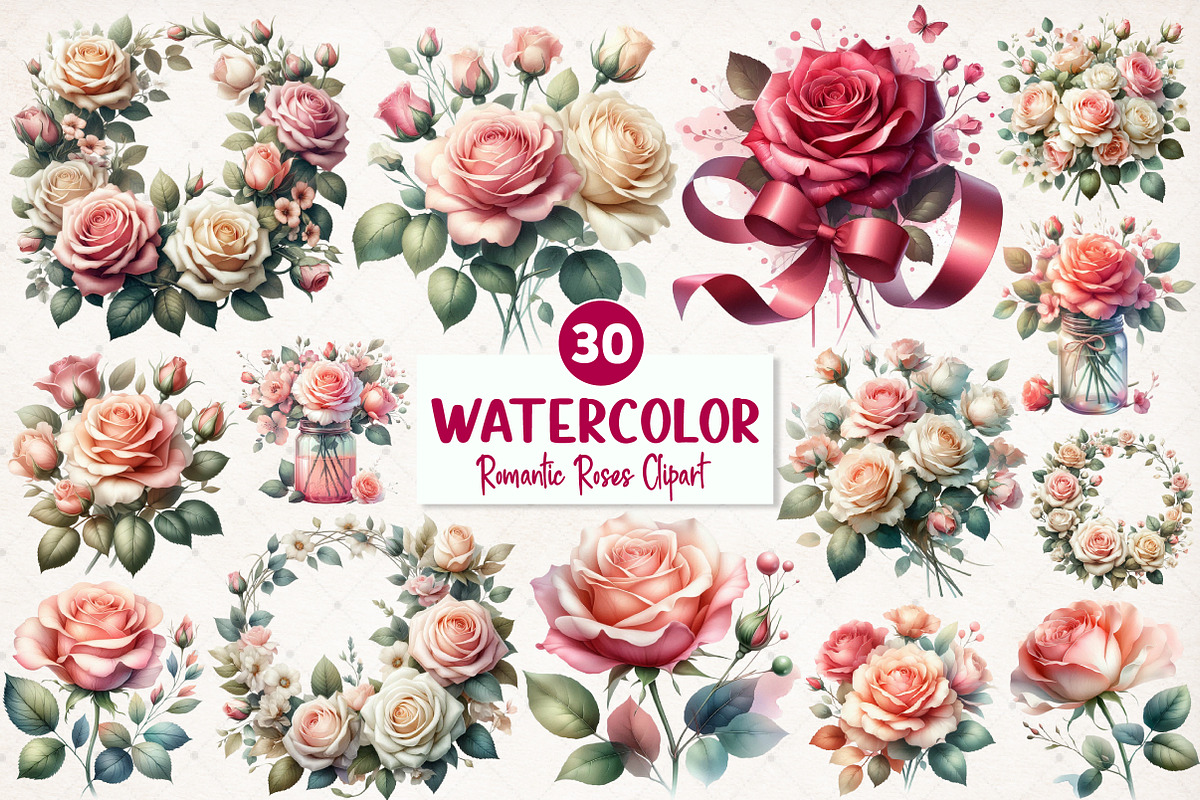 Watercolor Romantic Roses Clipart, an Illustration by SinaCreation (Photo 1 of 5)