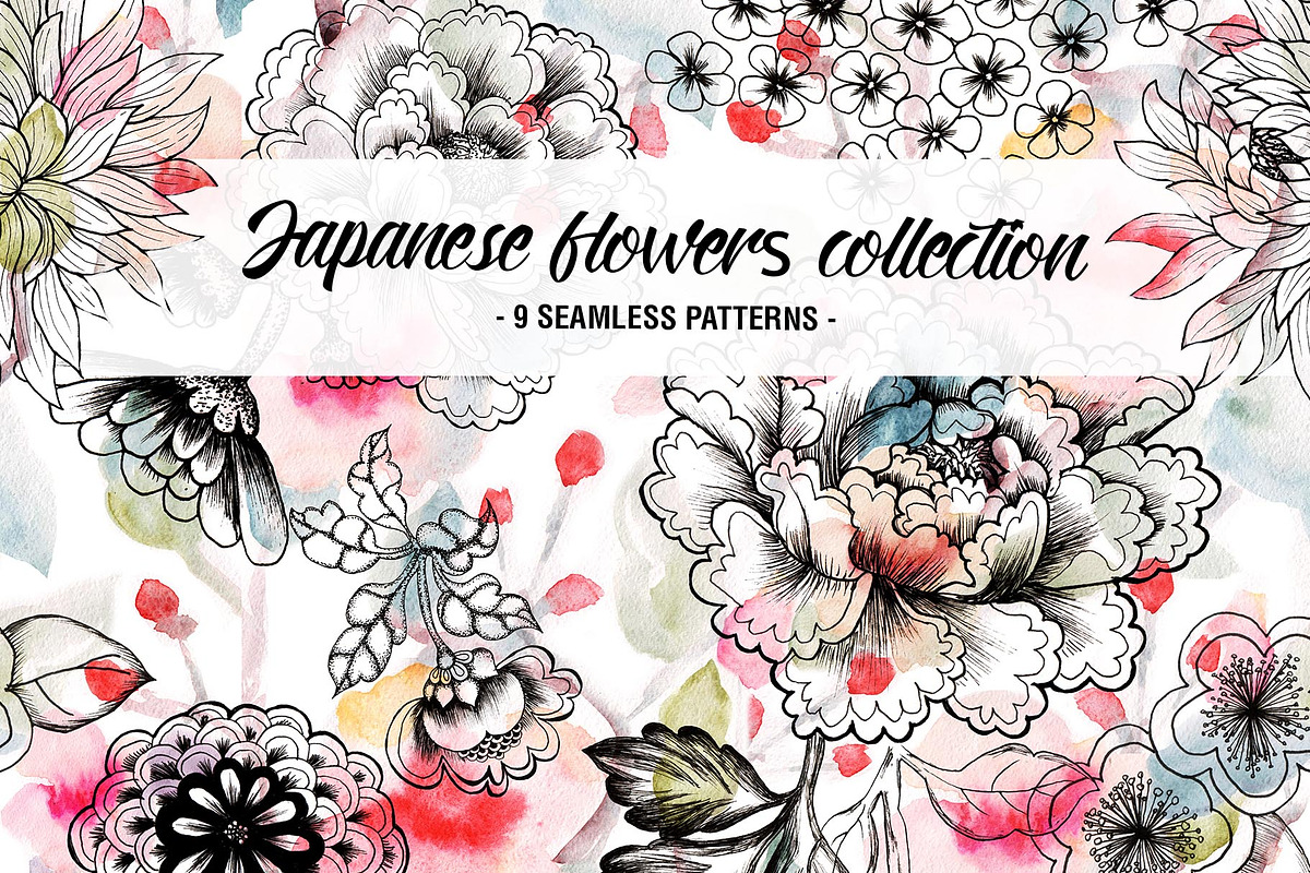 Japanese flowers patterns, a Pattern Graphic by emeraldthue (Photo 1 of 9)
