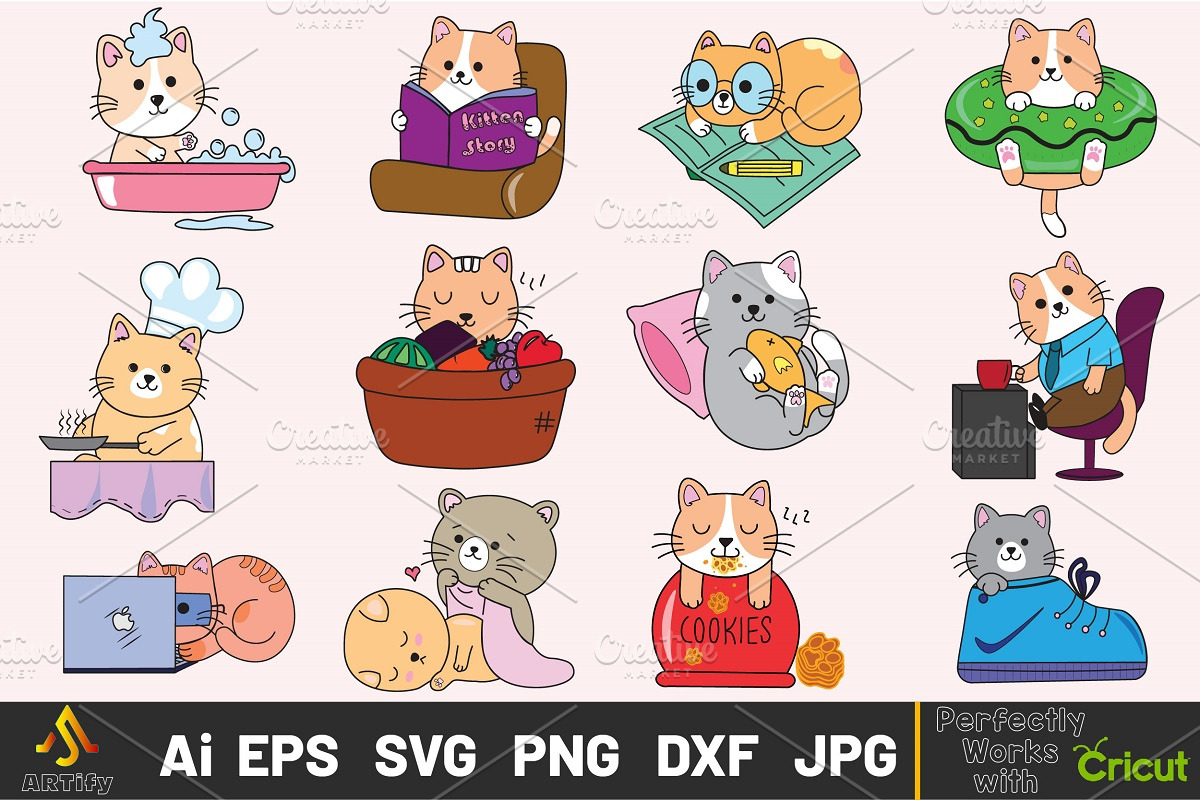 Funny Kawaii Cats Vector Clipart Set, an Animal Illustration by ARTify Illustrations (Photo 1 of 9)