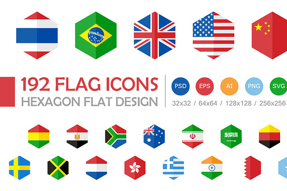 192 Flag Icons Hexagon Design